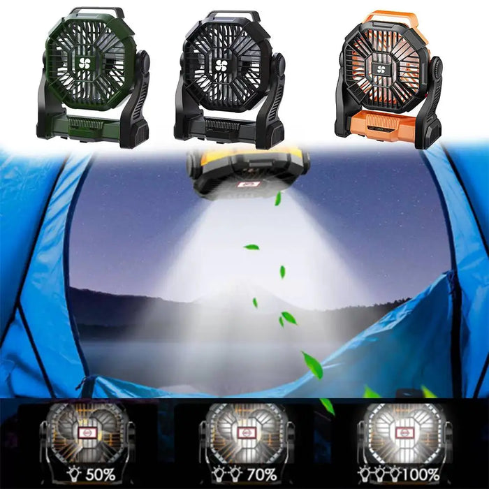 Camping Battery Fan – 10000mAh Rechargeable with LED Light & 4-Speed Wind Control - Samanta Factory
