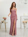 Elegant women’s formal gown in various styles including off-shoulder, mermaid hem, and long sleeve