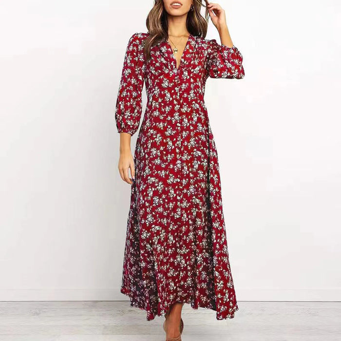 Women’s V-Neck Floral Maxi Dress – High-Waist Slit for Effortless Boho Chic - Samanta Factory