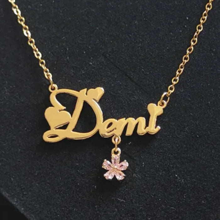 Personalized Sparkling Name Necklace with Floral Charm- Zircon Peach Blossom Pendant SF