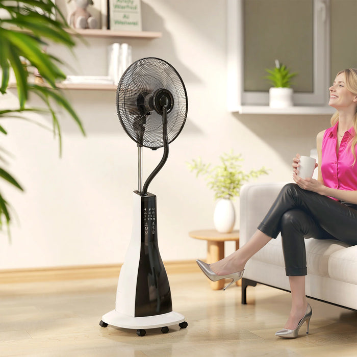 Black tower misting fan with ultrasonic atomization, LED display, remote control, and 3-litre water tank for home cooling