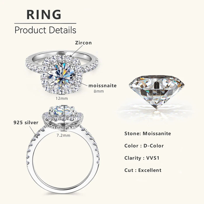 Moissanite Engagement Ring – 2ct D-Color VVS1 in 925 Sterling Silver