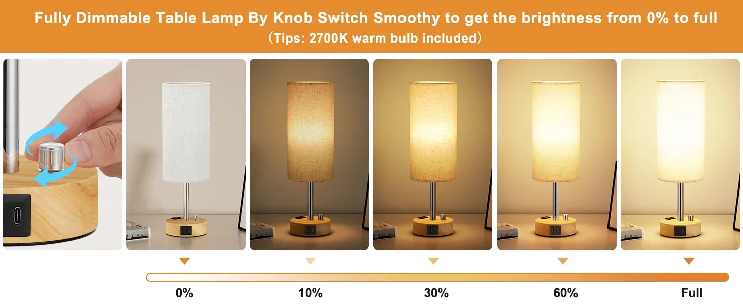 Bedside Table Lamp – Dimmable Lighting with USB-A & USB-C Charging Ports
