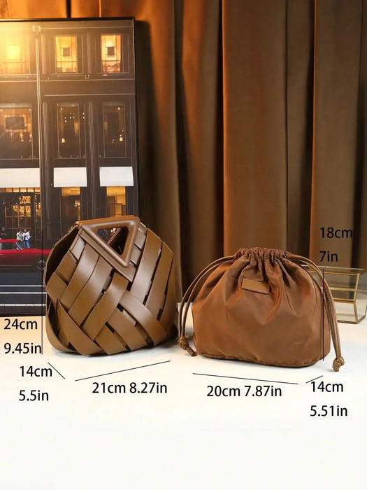 Woven Design Women Handbag, Tote Basket Bag, High-End Niche Inverted Triangle Shaped Fashion Commuter Bag, Casual Style SF
