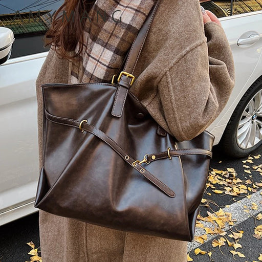 Vintage PU Leather Shoulder Tote – Soft Casual Bag with Lock Closure - Samanta Factory