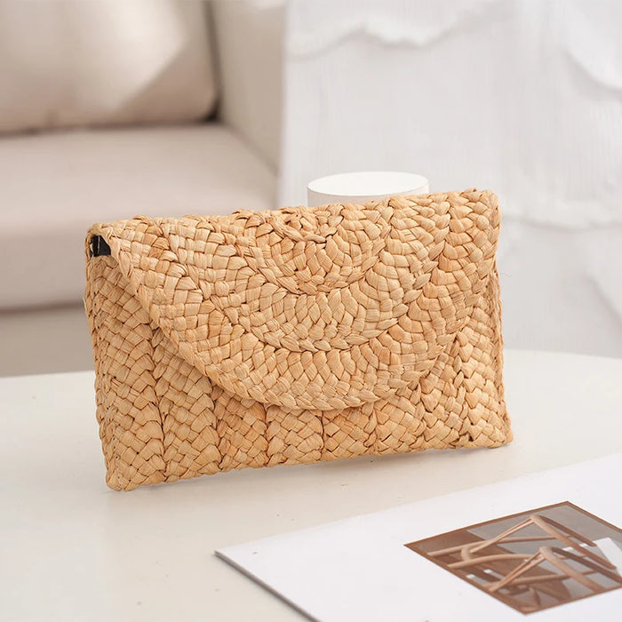 Boho Straw Flap Bag for Women – Hard Shell Summer Handbag with Cover Closure
