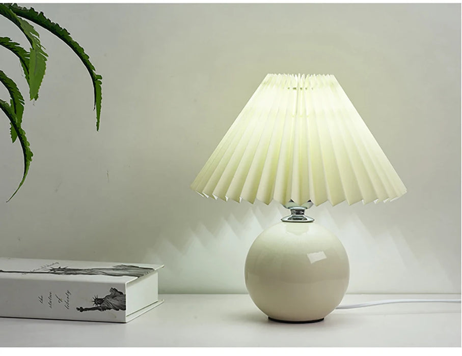 Korean Table Lamp – Vintage Pleated Fabric Shade with Ceramic Base