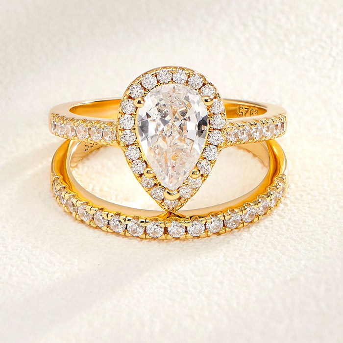 Pear Cut Bridal Ring Set – Sterling Silver With Halo Zircon Shine