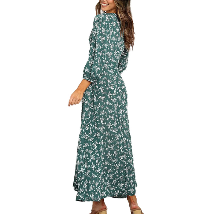 Women’s V-Neck Floral Maxi Dress – High-Waist Slit for Effortless Boho Chic - Samanta Factory