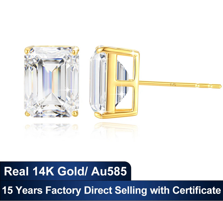 Emerald cut moissanite stud earrings in 14K yellow gold with GRA and AU585 certification