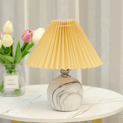 Korean Vintage Table Lamp with Pleated Fabric Shade and Ceramic Base – Bedroom Night Light with LED E27 Tricolored Bulb