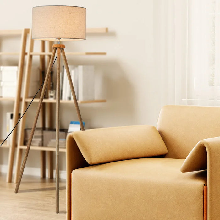 Wooden Tripod Floor Lamp – Mid-Century Modern Design with Foot Switch Control