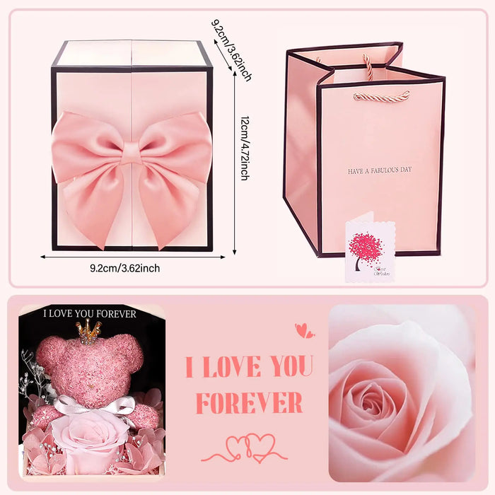 Eternal Preserved Rose Gifts – Moss Bear & Jewelry Box with “I Love You 100 Languages” Necklace - Samanta Factory