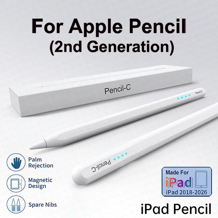 Magnetic iPad stylus pen with tilt sensitivity palm rejection Type-C fast charging 15 hour battery white metal design compatible with iPad Pro Air Mini and iPad 6th to 10th generation 2018 to 2026