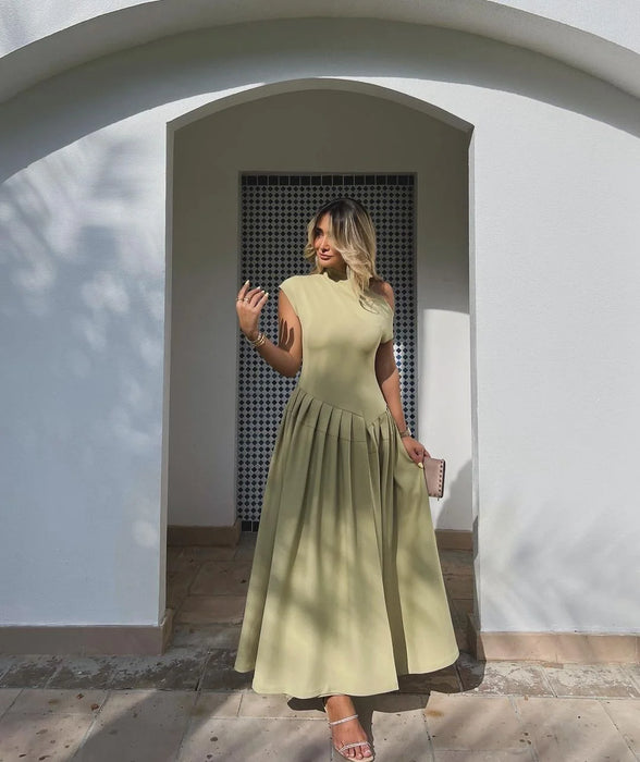 Maxi Dress – Pleated Patchwork Elegance - Samanta Factory