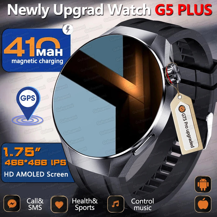 GPS smartwatch with 1.75 inch AMOLED display, Bluetooth calling, and fitness tracking