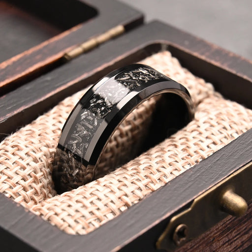 8mm black tungsten carbide men’s wedding ring with meteorite inlay and engraving option
