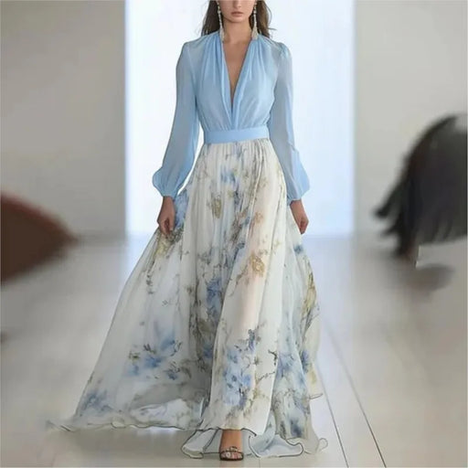 Printed ankle-length summer dress with puff sleeves and lace-up v-neck for women