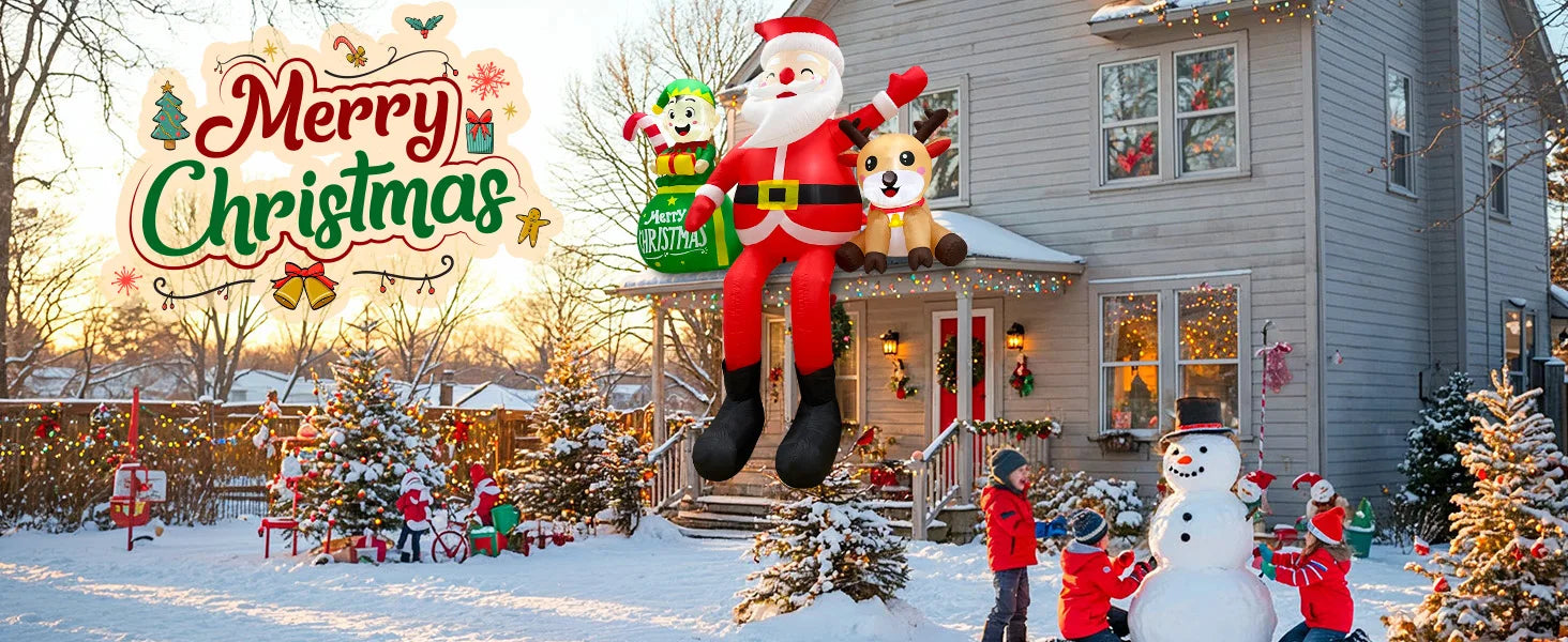 Christmas Inflatable Santa Claus – 8FT Sitting Santa with Elves & Reindeer