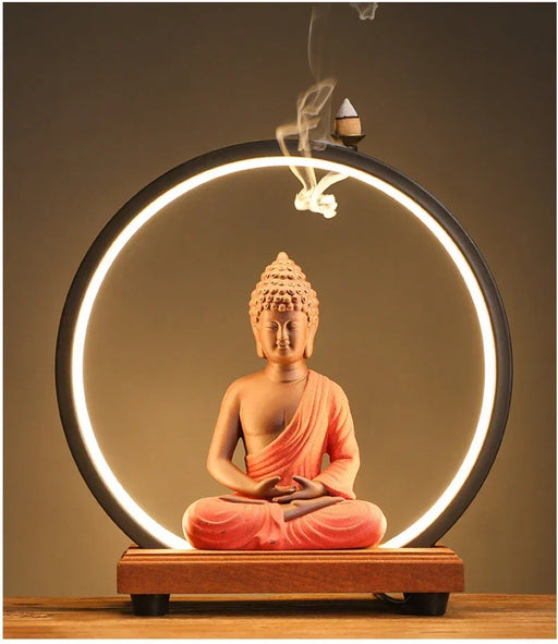 Ceramic Sakyamuni Buddha backflow incense burner with LED lamp and waterfall smoke effect for meditation and home décor.
