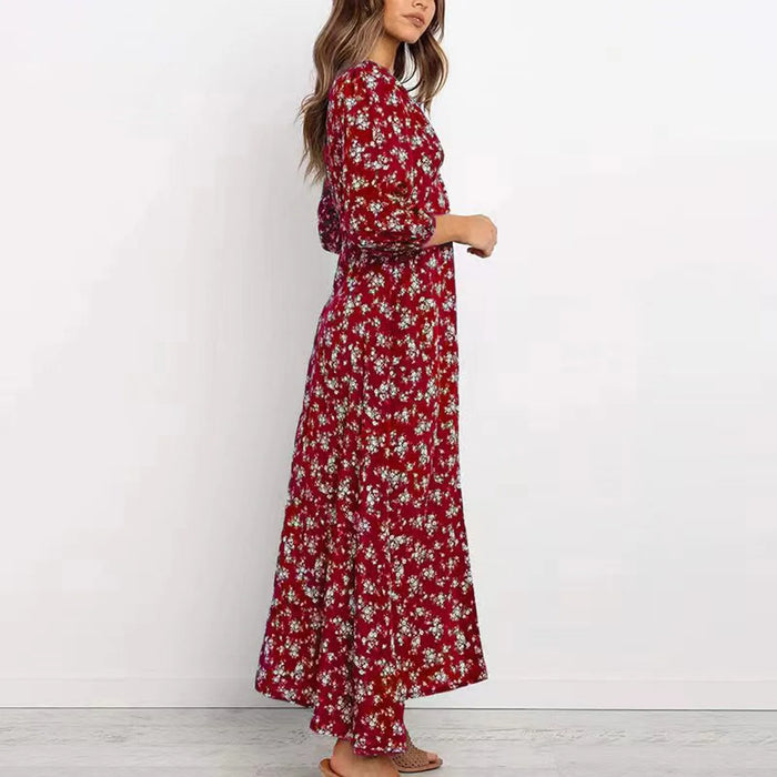 Women’s V-Neck Floral Maxi Dress – High-Waist Slit for Effortless Boho Chic - Samanta Factory