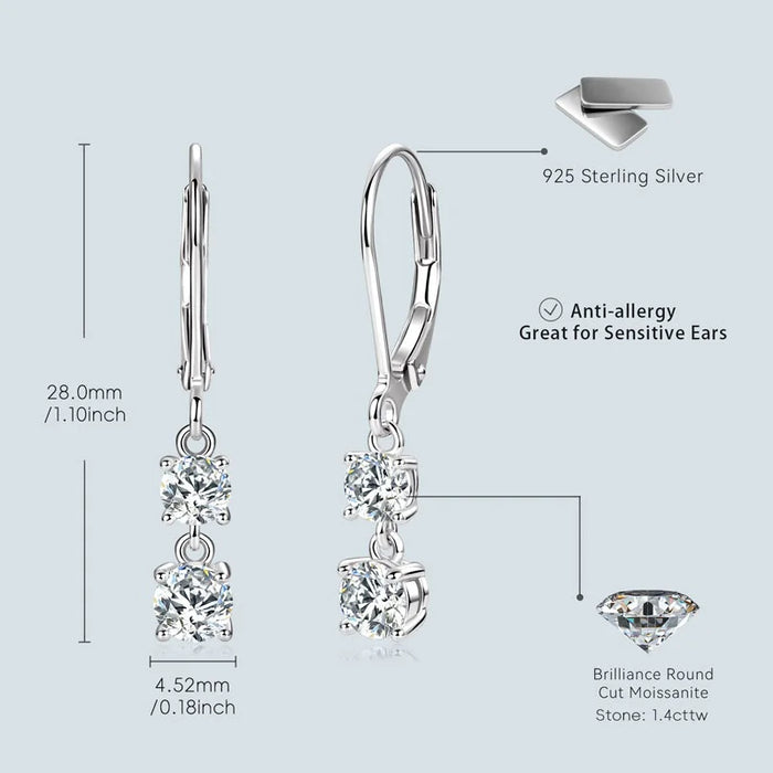 Moissanite Drop Earrings – D-Color Round Cut 925 Sterling Silver