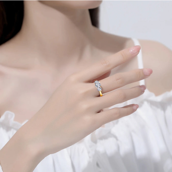 3-Stone Moissanite Engagement Ring – 2 CT D Color Yellow Gold Plated S925 Silver