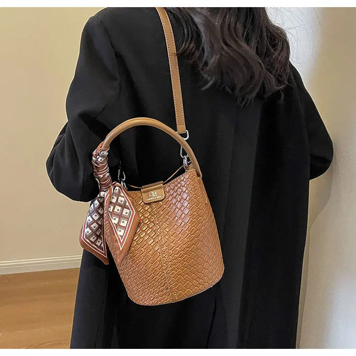 PU Leather Knitted Bucket Bag – Soft Casual Messenger Handbag for Women - Samanta Factory