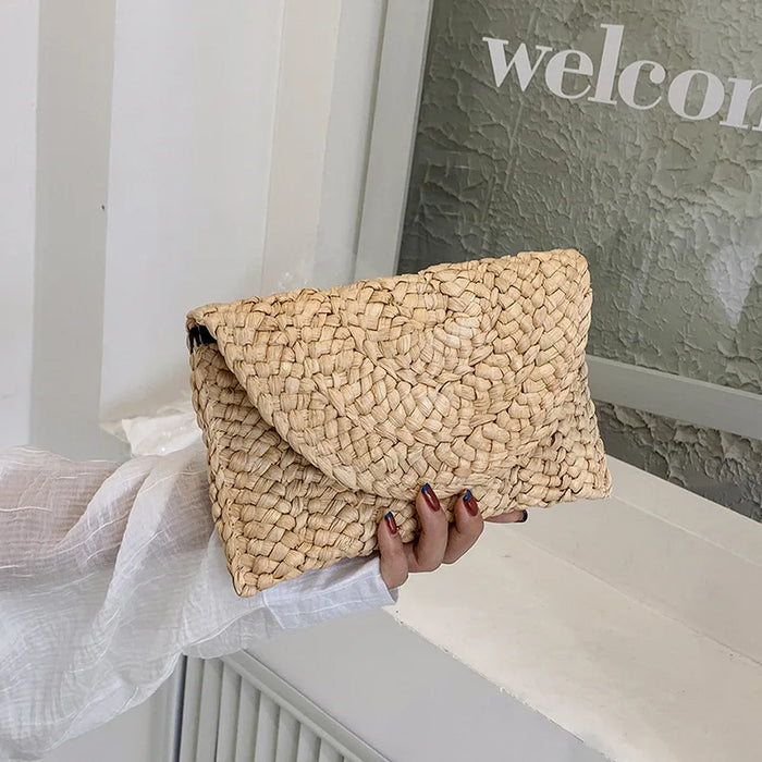 Boho Straw Flap Bag for Women – Hard Shell Woven Handbag for Summer Outings