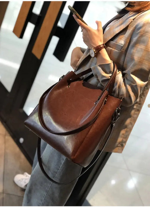 Vintage Cow Leather Shoulder Tote – Women’s Ruched Handbag SF