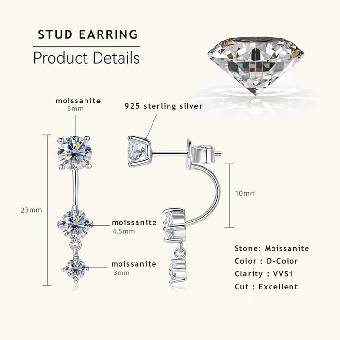 Moissanite Stud Earrings – D-Color VVS1 2-in-1 Sterling Silver