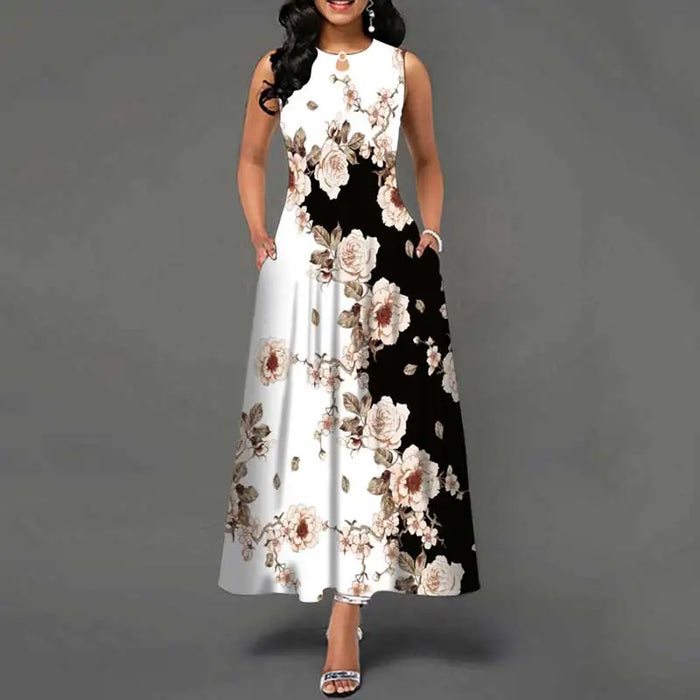 Bohemian Maxi Dress – Sleeveless Floral Print with Loose Swing Silhouette