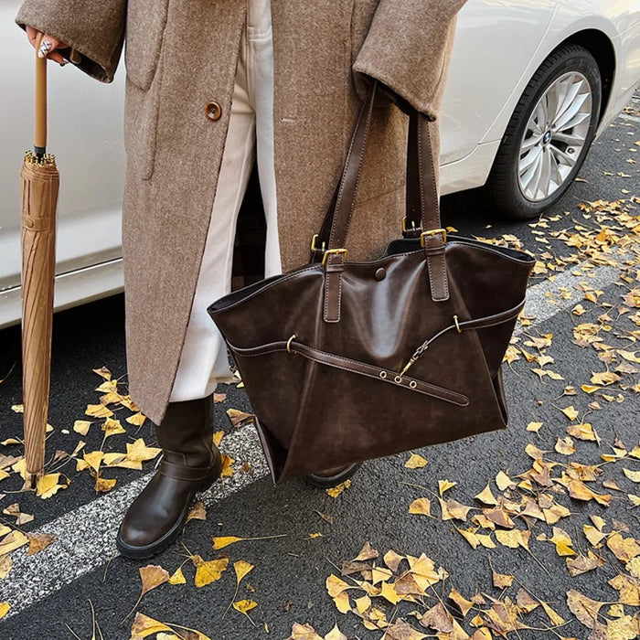 Vintage PU Leather Shoulder Tote – Soft Casual Bag with Lock Closure - Samanta Factory