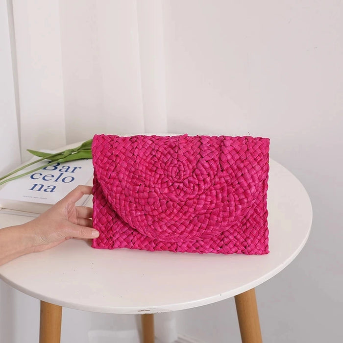 Boho Straw Flap Bag for Women – Hard Shell Woven Handbag for Summer Outings