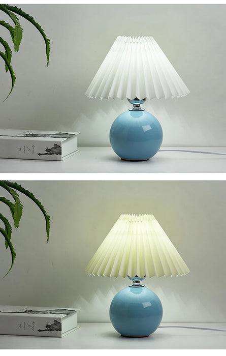 Korean Table Lamp – Vintage Pleated Fabric Shade with Ceramic Base