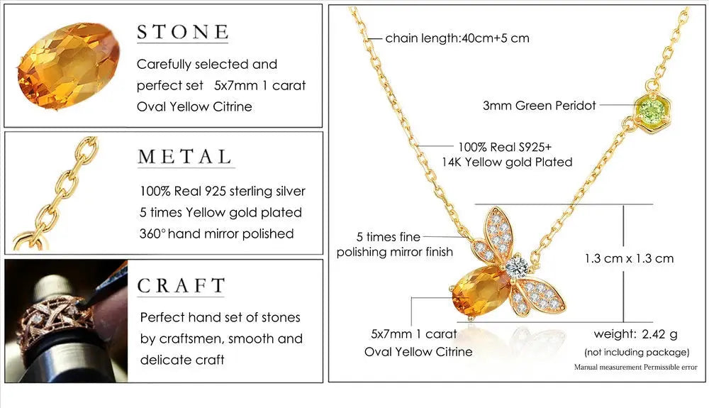 Citrine Bee Pendant Necklace – Natural Gemstone Sterling Silver SF