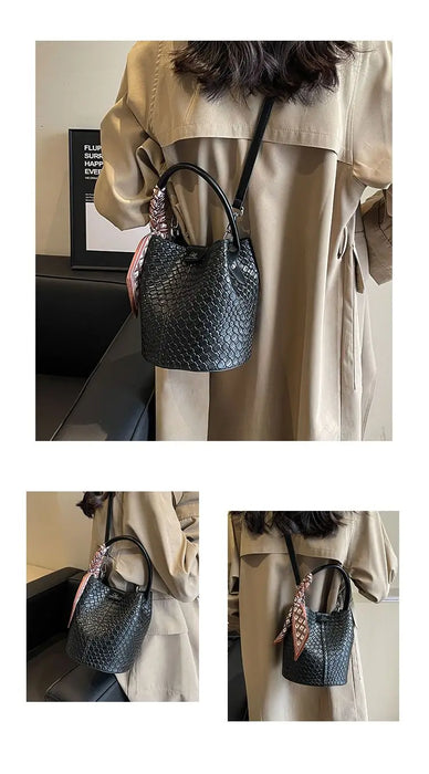 PU Leather Knitted Bucket Bag – Soft Casual Messenger Handbag for Women - Samanta Factory