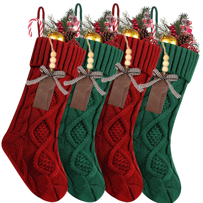 Personalised Christmas Stockings – Knitted Design with Wooden Name Tags