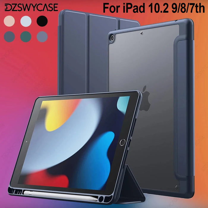 iPad 10.2" Case with Pencil Holder – Trifold Stand Clear Back Auto Sleep/Wake Cover SF