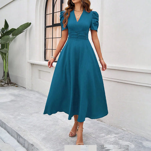 Junior Y2K puff-sleeve A-line V-neck midi dress in solid color