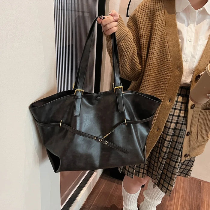 Vintage PU Leather Shoulder Tote – Soft Casual Bag with Lock Closure - Samanta Factory
