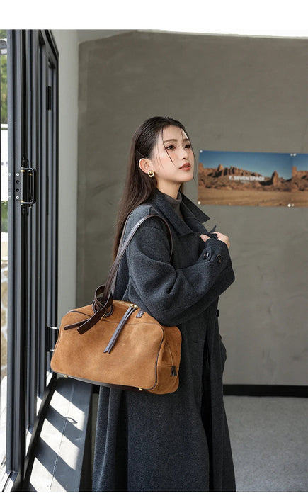 Women's Genuine Cowhide Leather Tote Bag – Large Capacity Suede Velvet Shoulder Handbag SF