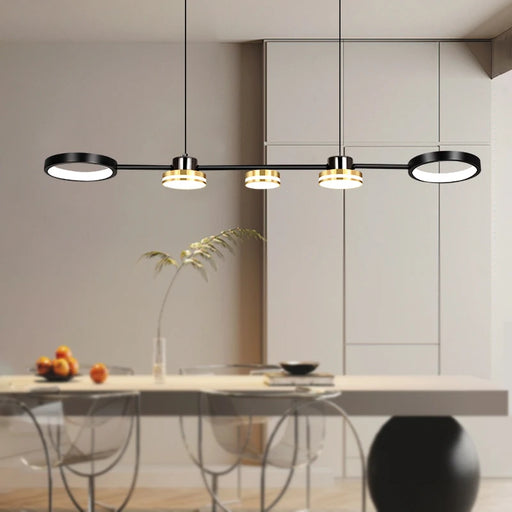 Modern black and gold ring LED pendant light with acrylic diffuser for dining room