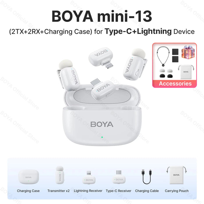 BOYA Mini Wireless Microphone – 2.4GHz Lavalier Mic with Charging Case for iPhone & Android