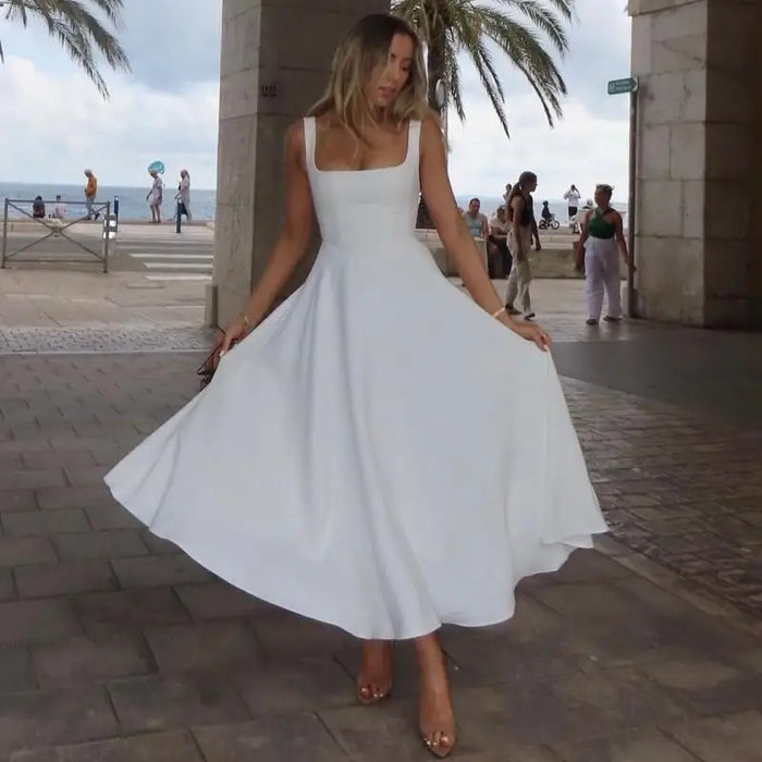 A-line Strap Long Dress – Square Neck & Backless Design