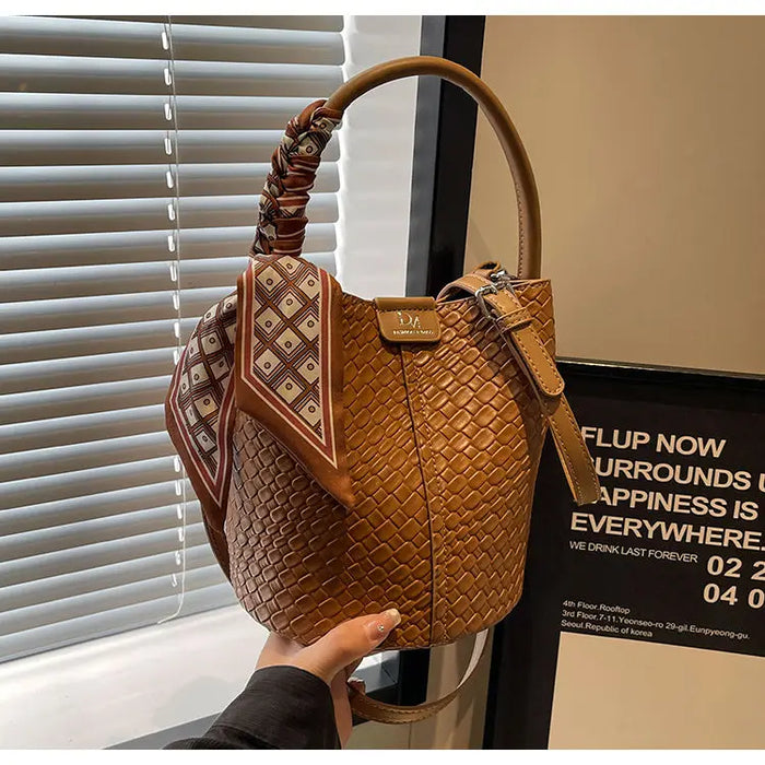 PU Leather Knitted Bucket Bag – Soft Casual Messenger Handbag for Women - Samanta Factory