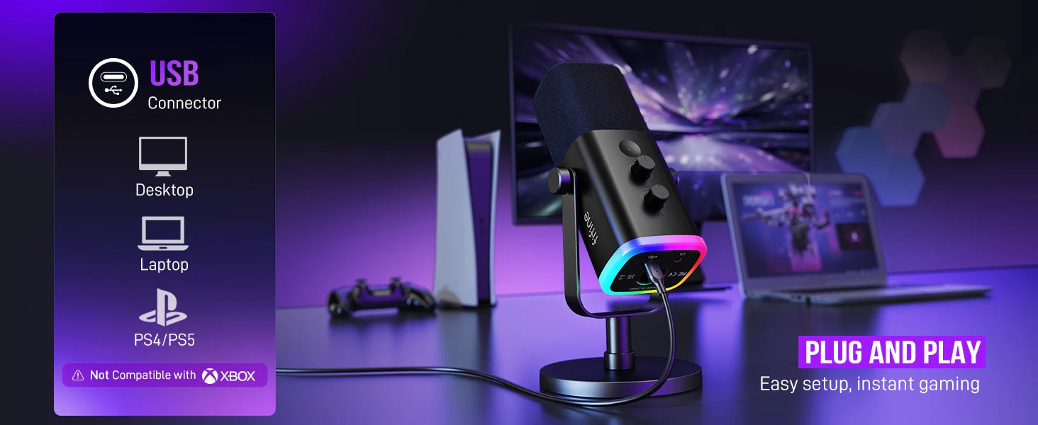 Dynamic USB/XLR Microphone – Cardioid with RGB Lighting & Noise Reduction SF