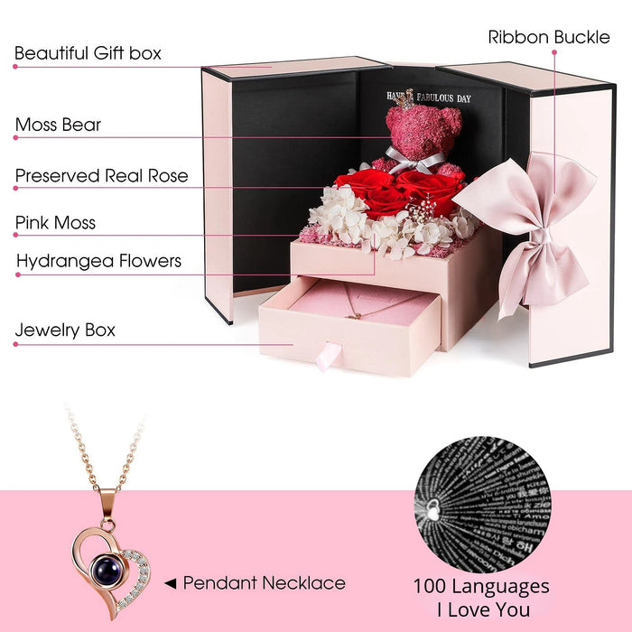 Eternal Preserved Rose Gifts – Moss Bear & Jewelry Box with “I Love You 100 Languages” Necklace - Samanta Factory