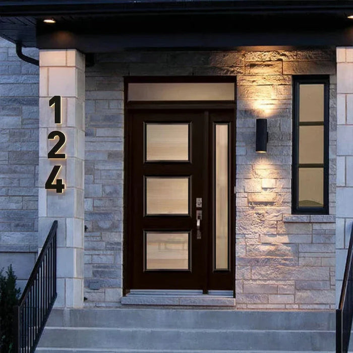 Modern LED backlit house number light in brushed stainless steel and acrylic waterproof illuminated address plaque sign for outdoor home hotel and commercial use multiple sizes and light colors