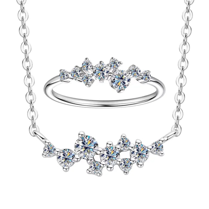 Moissanite Jewelry Set – 925 Sterling Silver Cluster Necklace & Ring